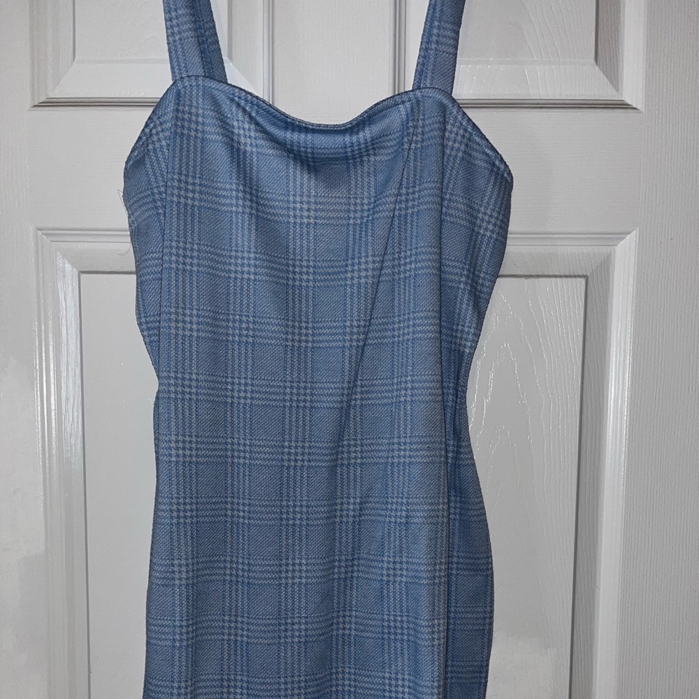 Blue Plaid Bodycon Dress with Slit
